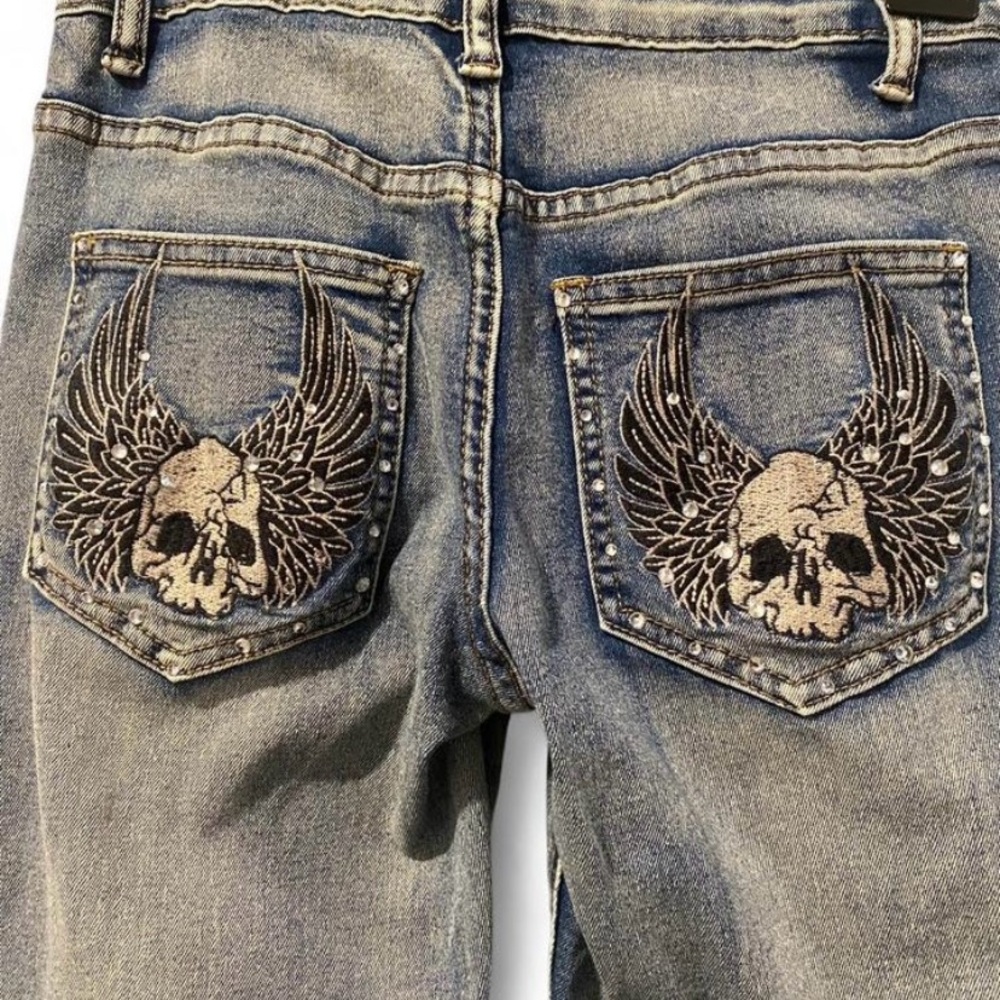 SHEIN Women's Blue Flare Jeans with Skull and Wings Embroidery